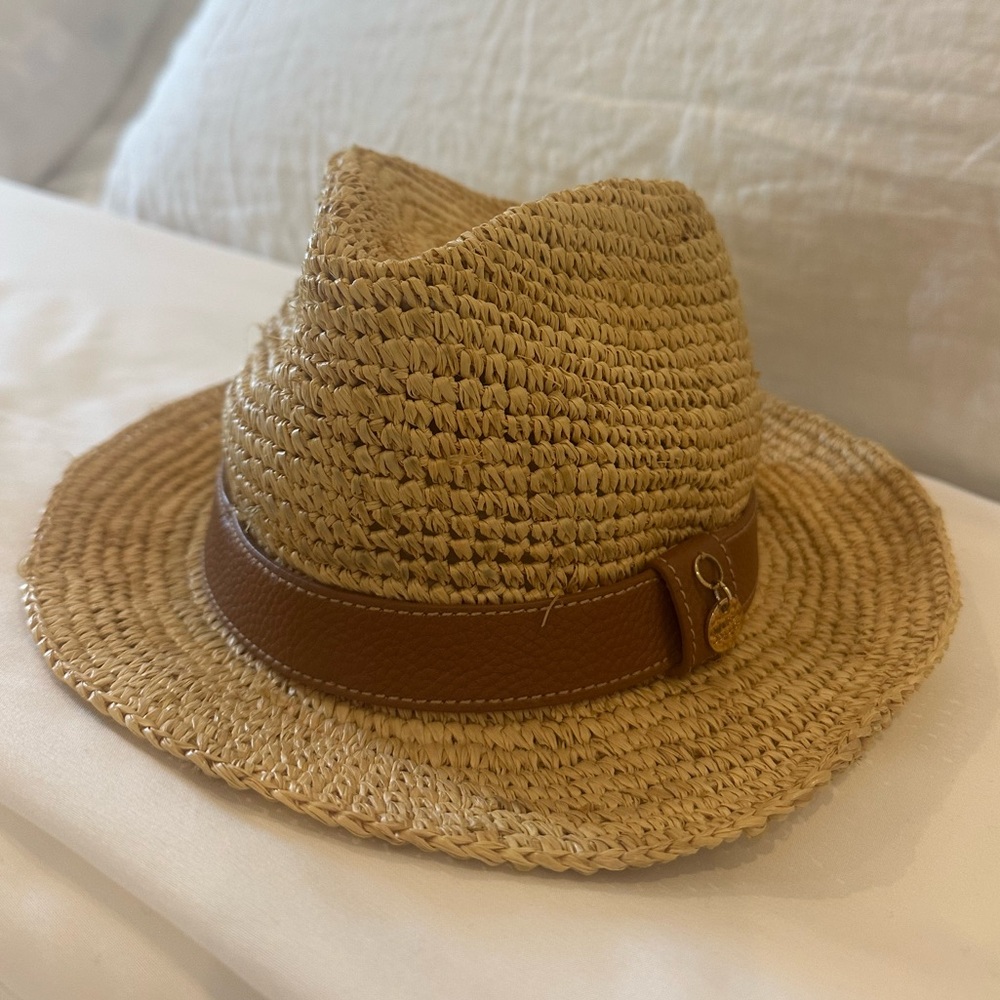 Melissa Odabash Tan Straw Fedora with Brown Band Hat